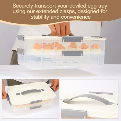 2-Layer Deviled Egg Containers With Lid,36pcs Easter Deviled Egg Tray Carrier with Handl Injector Piping Tool,Portable Stackable Egg Holder Platter Holder Organizer for Refrigerator Party Picnic Event