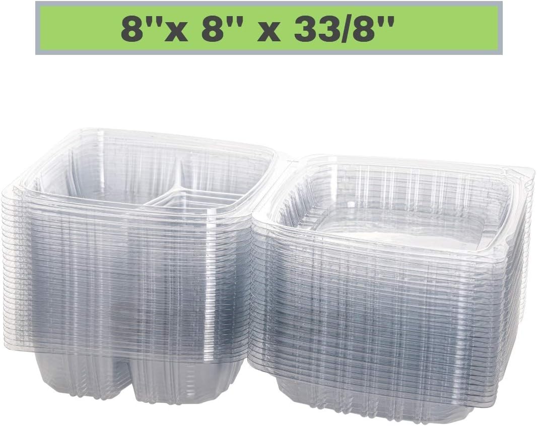 Smygoods Plastic Clamshell Food Containers, (Pack of 50-8x8x3 3/8) 3-Compartment, to go Containers, Hinged Food Container
