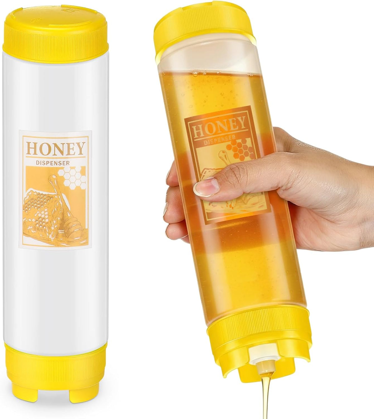 Patelai 2 Pcs Honey Dispenser No Drip, 16 oz Inverted Plastic Silicone Large Valve Honey Dispenser Bottles, Refillable Condiment Squeeze Bottle for Syrup, Agave, Salad Dressing, Ketchup, Breakfast Use