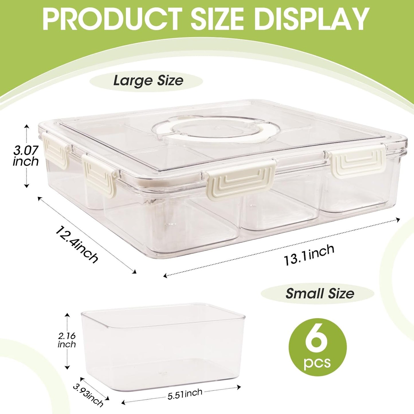 Divided Serving Tray with Lid & Handle, 4 Compartment Removable Snack Box, Kitchen Organizers and Storage, Snackle Box Container, BPA-Free Fruit Storage Container for Berry, Snack, Candy, Nuts…