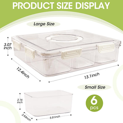 Divided Serving Tray with Lid & Handle, 4 Compartment Removable Snack Box, Kitchen Organizers and Storage, Snackle Box Container, BPA-Free Fruit Storage Container for Berry, Snack, Candy, Nuts…