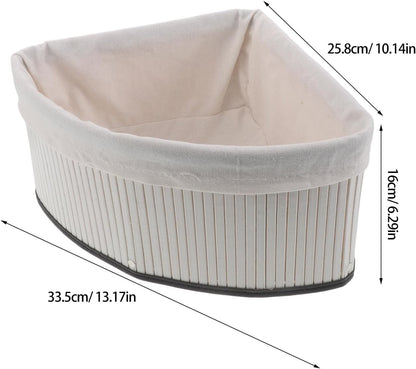 Corner Storage Basket - Bamboo Woven Organizer with Liner - Woven Pantry Basket for Shelves - Triangle Storage Bin for Kitchen, Bathroom and Bedroom (White)