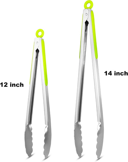 304 Stainless Steel Kitchen Cooking Tongs, 9" and 12" Set of 2 Sturdy Grilling Barbeque Brushed Locking Food Tongs with Ergonomic Grip, Black