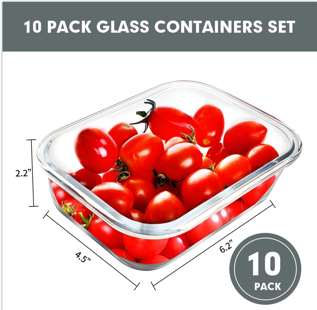 VERONES 10 Pack 22 OZ Glass Meal Prep Containers, Airtight Glass Lunch Containers Set, Food Storage Containers with Lids,BPA Free, for Microwave, Oven, Freezer & Dishwasher Friendly,White