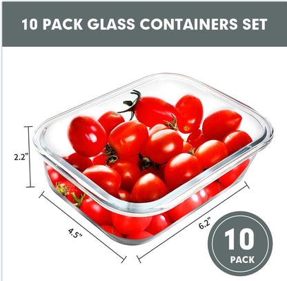 VERONES 10 Pack 22 OZ Glass Meal Prep Containers, Airtight Glass Lunch Containers Set, Food Storage Containers with Lids,BPA Free, for Microwave, Oven, Freezer & Dishwasher Friendly,White