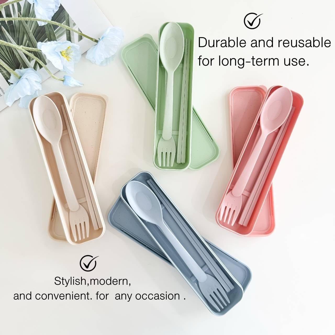 Wheat Straw Cutlery Set – Reusable Travel Utensils with Case – Portable Fork, Spoon & Chopsticks – Eco-Friendly Flatware for Kids & Adults – Lightweight Lunch Box Accessories for Work (green)