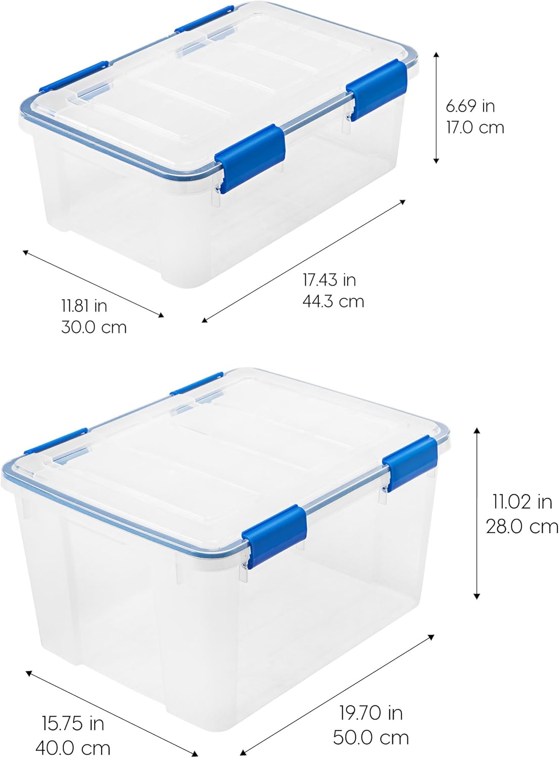 IRIS USA WeatherPro 16 Qt Storage Bins with Lids, 3 Pack, BPA-Free Plastic Gasket Box with Tight Latch and Seal, Stackable Nestable Tote Tub - Clear/Blue