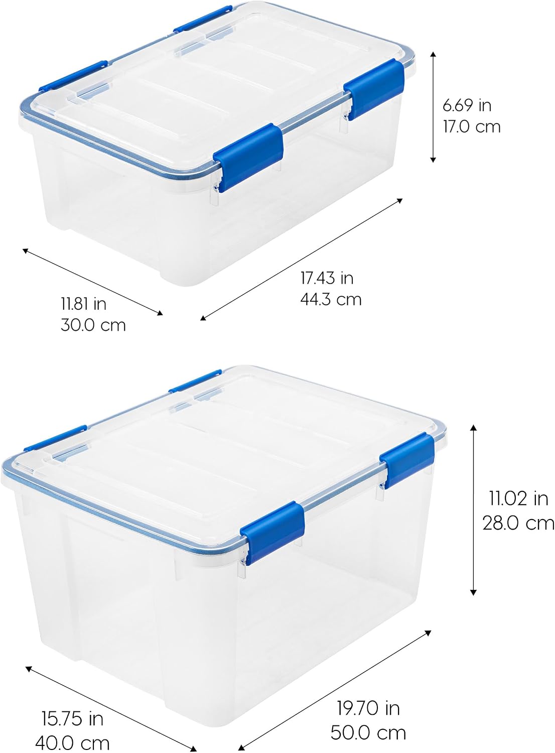 IRIS USA WeatherPro 16 Qt Storage Bins with Lids, 3 Pack, BPA-Free Plastic Gasket Box with Tight Latch and Seal, Stackable Nestable Tote Tub - Clear/Blue