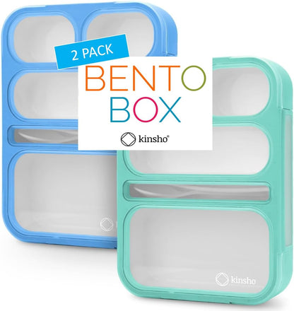 kinsho Bento Lunch-Box for Adults Kids Lunches, Portion Control Container Boxes for Women Girls Boys | Leak-Proof Snack Containers, BPA-Free Utensils 5 Compartments | Blue & Green 2 Pack Set