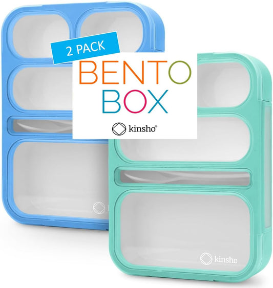kinsho Bento Lunch-Box for Adults Kids Lunches, Portion Control Container Boxes for Women Girls Boys | Leak-Proof Snack Containers, BPA-Free Utensils 5 Compartments | Blue & Green 2 Pack Set