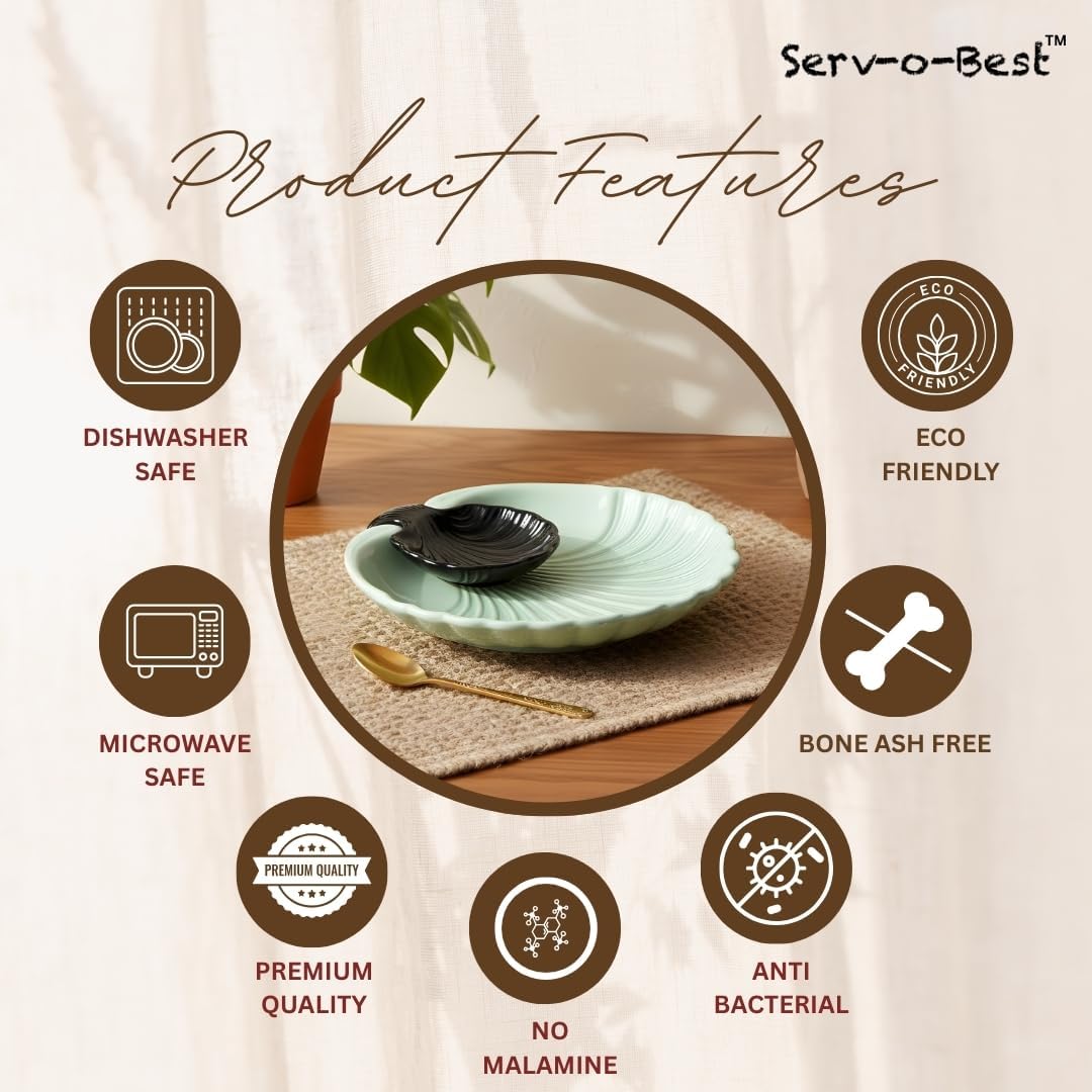 Servo Best Grey Ceramic Chip and Dip Platter, Shell Design Appetizer Serving Tray with Built-In Dip Bowl, Sectioned Snack Platter for Chips Salsa Veggies, Party Entertaining Serveware Gift