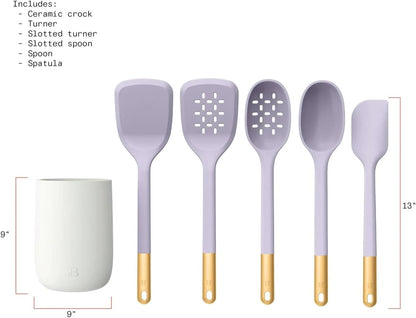 6 Piece Silicone Kitchen Utensil Set with Holder, Heat Resistant Cooking Tools, Nonstick Safe Spatula Spoon Turner Set with Ceramic Storage Crock