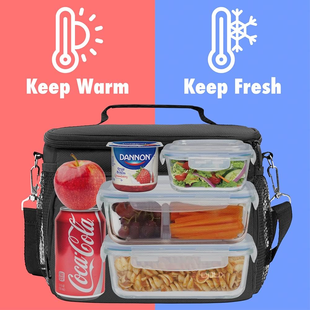opux Insulated Lunch Bag for Men Women, Large Dual Compartment Cooler Bag, Soft Two Deck Lunch Box for Work School Picnic, Leakproof Lunch Tote with Shoulder Strap for Kid Adult (Purple, Double Deck)