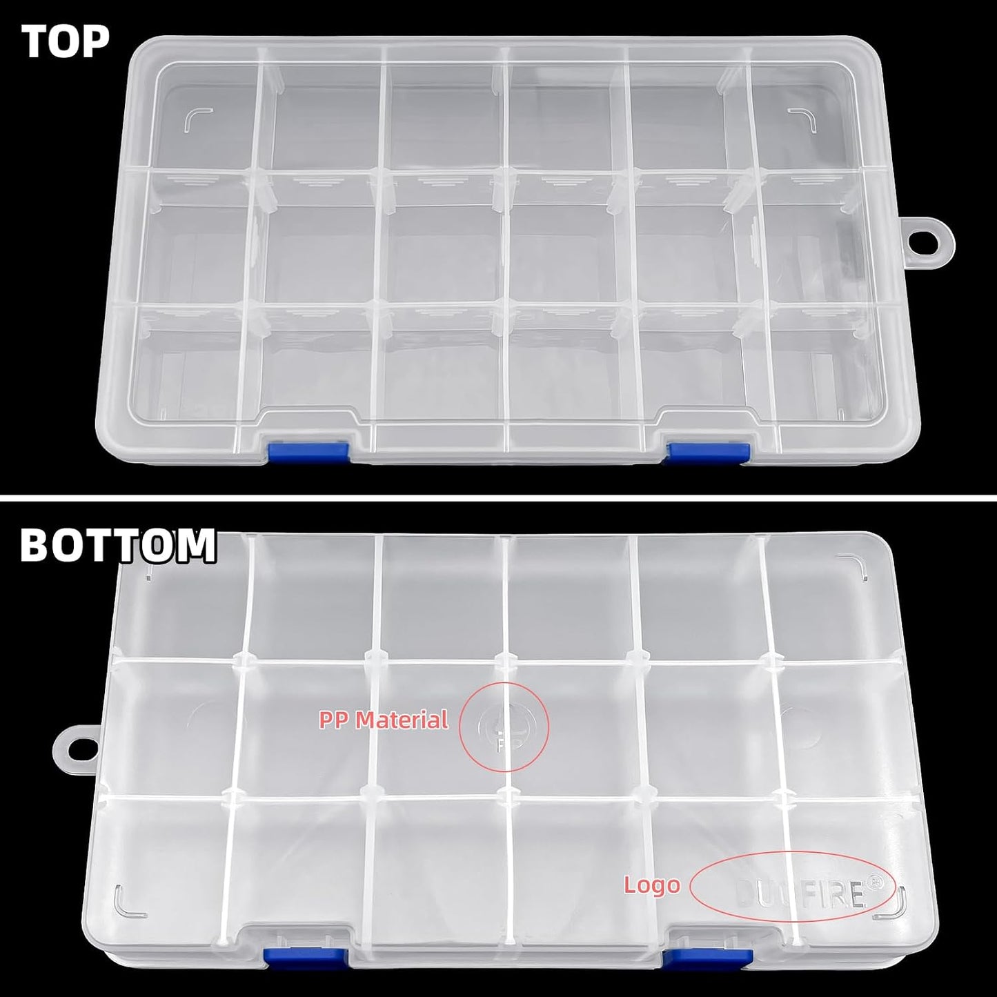DUOFIRE Plastic Organizer Container Storage Box Adjustable Divider Removable Grid Compartment for Jewelry Beads Earring Tool Fishing Hook Small Accessories(18 grids, White X 2)