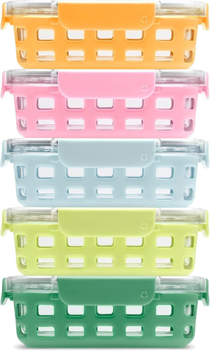 Ello Duraglass 3.4 Cup Meal Prep Sets 10Pc, 5 Pack Set- Glass Food Storage Container with Silicone Sleeve and Airtight BPA-Free Plastic Lids, Dishwasher, Microwave, and Freezer Safe, Olive Tree