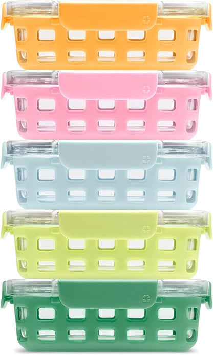 Ello Duraglass 3.4 Cup Meal Prep 10Pc,Set,Glass Food Storage Container with Silicone Sleeve and Airtight BPA-Free Plastic Lids,Dishwasher,Microwave & Freezer Safe,Evening Orchard,5 Count (Pack of 2)