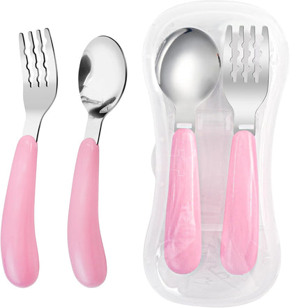 VANRA 2 Pieces Toddler Fork and Spoon Set with Travel Case 18/8 Stainless Steel Toddler Utensils Kids Silverware Children Flatware Child Cutlery Set for School Lunch Box (Blue)