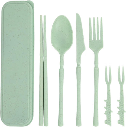 Reusable Travel Utensils Set with Case, Wheat Straw Portable Plastic Fork Spoon Knife Chopsticks Camping Cutlery, Eco-Friendly BPA Free Tableware Picnic Flatware for Kids Adults or Daily Use (Pink)