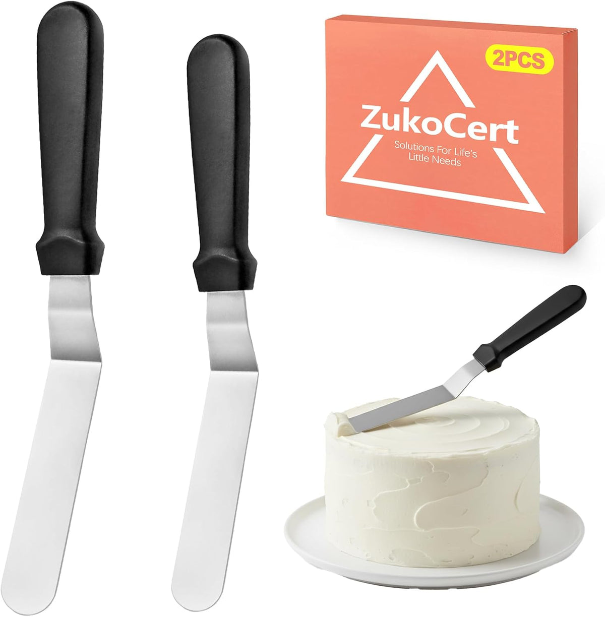 ZukoCert 2-Piece Angled Offset Icing Spatula Set (6" & 8") - Professional 0.7mm Thick Stainless Steel Cake Decorating Frosting Spatulas with Ergonomic Plastic Handles for Baking and Pastries