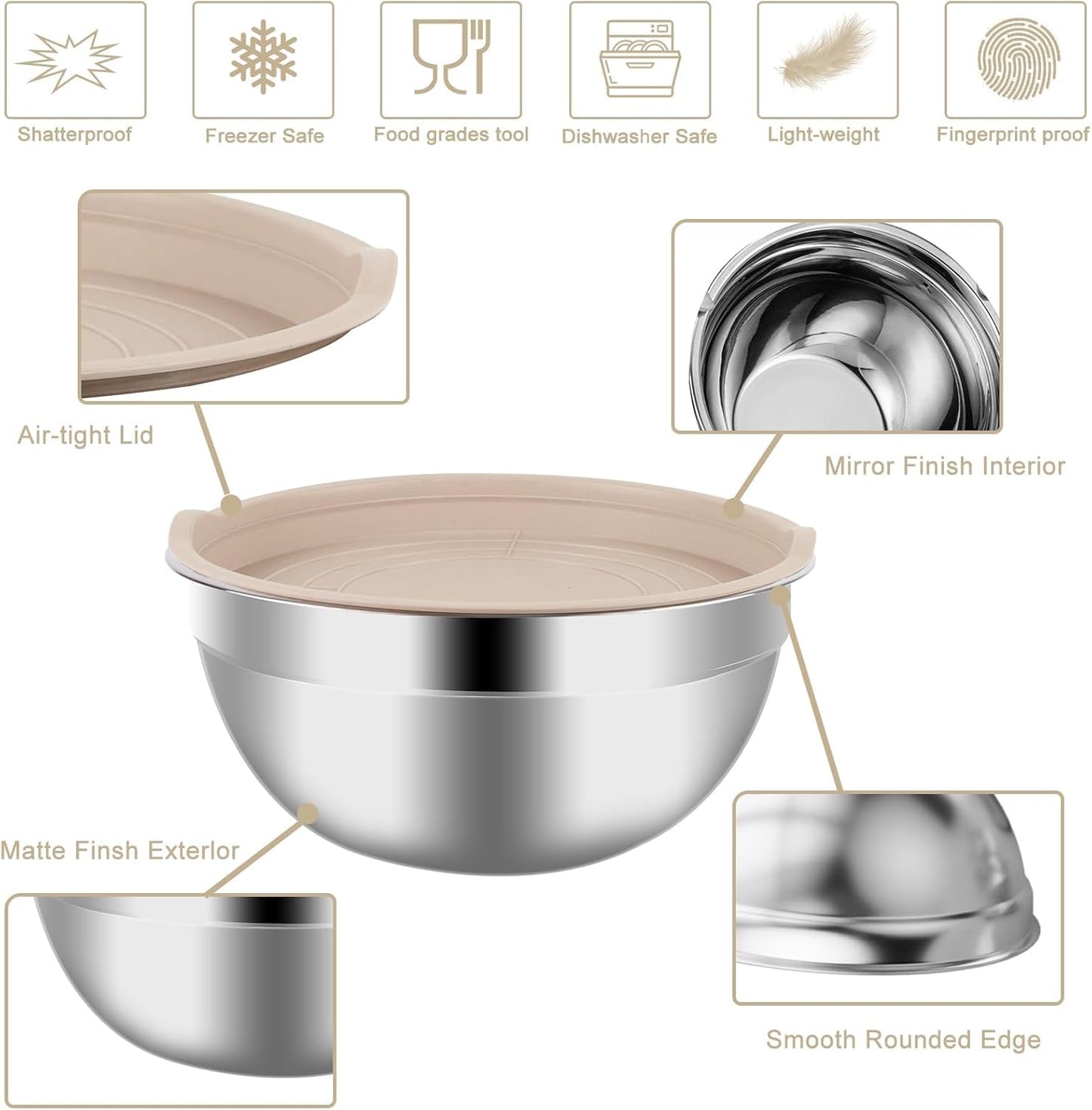 WEPSEN Mixing Bowls Set, 25PCS Stainless Steel Mixing Bowl with Lid Set, Large Nesting Bowls 7, 4.5, 3,2, 1.5QT, Measuring Cups and Spoons Baking Utensils Metal Bowl for Kitchen Prep