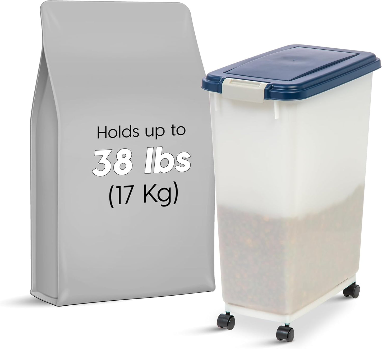IRIS USA Dog Food Storage Container, 2 Pack, Up to 30 lbs Each, Airtight Seal for Freshness, Wheels for Rolling, Easy One Hand Opening, Made in USA, BPA Free, Clear/Black