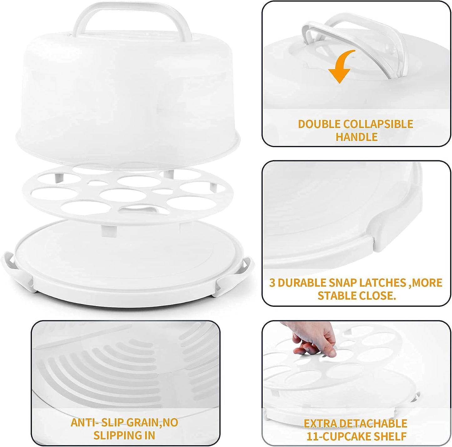 Portable Cake Carrier with Handle, Round Cupcake Holder with Lid, Plastic Storage Container Box fit 10 inch Cake, 3-Locking Muffin and Pies Keeper with Cover (White)