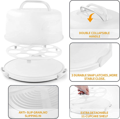 Portable Cake Carrier with Handle, Round Cupcake Holder with Lid, Plastic Storage Container Box fit 10 inch Cake, 3-Locking Muffin and Pies Keeper with Cover (White)