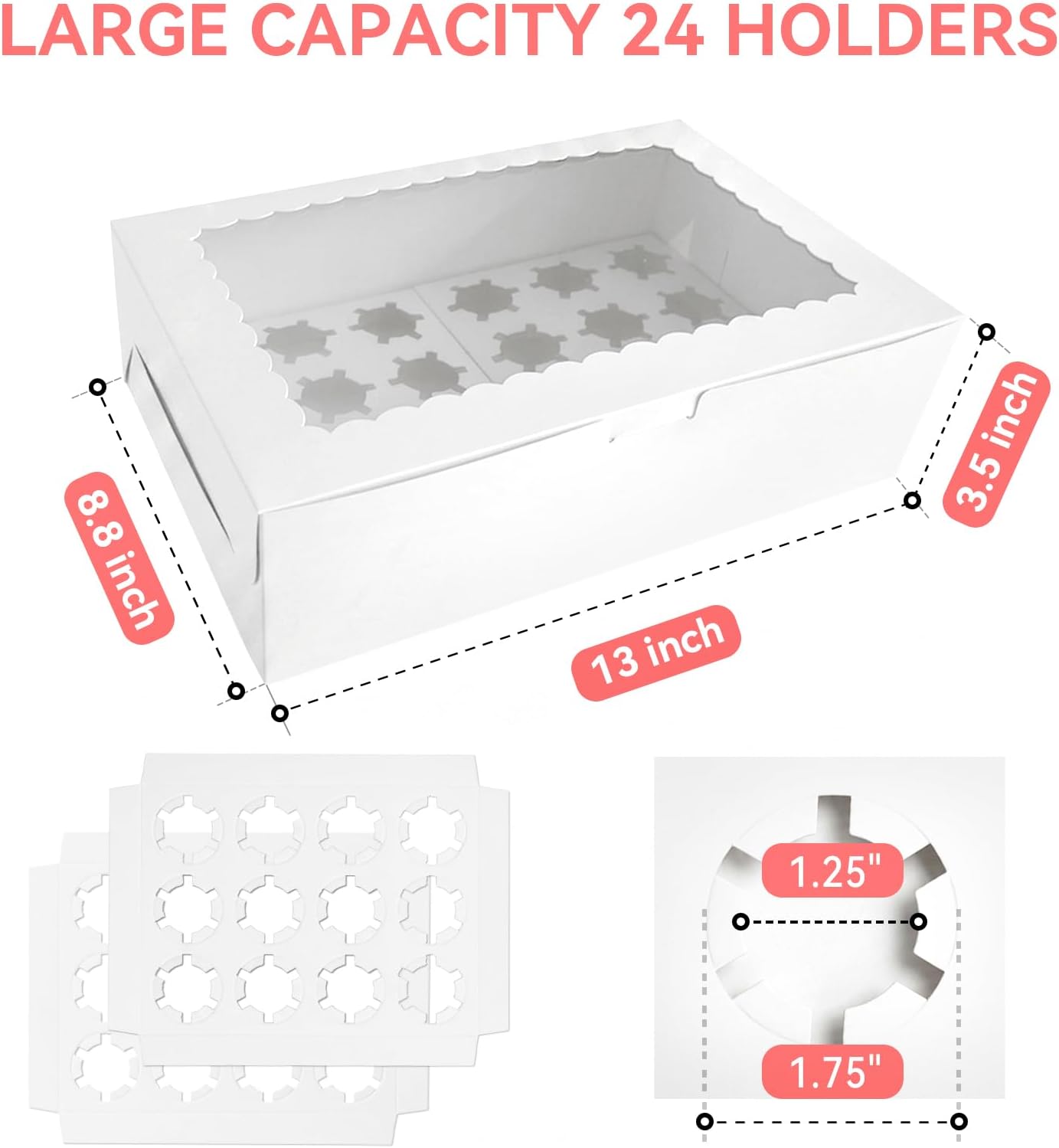 2 Pack White Mini Cupcake Boxes Containers Hold 24 MINI Cupcakes, 13 x 8.8 x 3.5 Inch Dessert Muffins Box with Window and Inserts for Birthday Holiday Party Bakery Supplies