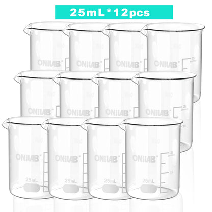 ONiLAB Glass Measuring Beaker Set 50ml 100ml 250ml (Pack of 3) 3.3 Boro Griffin Low Form with Printed Graduation Scientific Glassware for Laboratories, Classrooms or Home Use 13900244