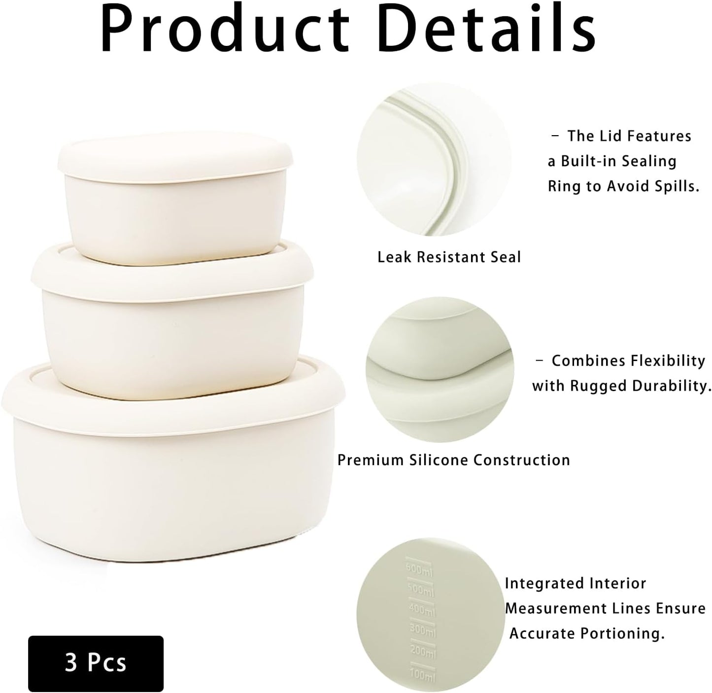 Silicone Food Storage Containers Set of 3 (6.8oz, 10.2oz, 20.3oz) - Leakproof, Microwave & Dishwasher Safe, Stackable Nesting Containers for Meal Prep, Lunch, Snacks, Freezer Friendly (Milky)
