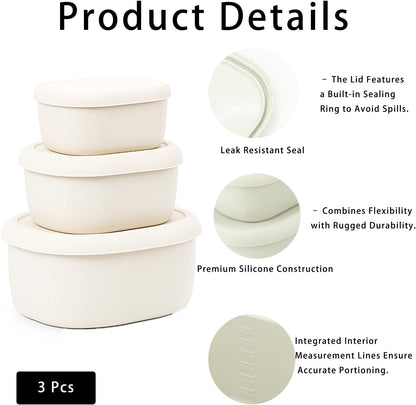 Silicone Food Storage Containers Set of 3 (6.8oz, 10.2oz, 20.3oz) - Leakproof, Microwave & Dishwasher Safe, Stackable Nesting Containers for Meal Prep, Lunch, Snacks, Freezer Friendly (Milky)