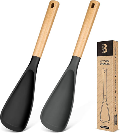Cooking Spoon for Nonstick Cookwares, Great for Cooking and Serving Sturdy BPA-Free Matte Silicone, Wood Handle Spoon for Mixing, Scoop, and Scrape (Black & Grey, 11.4 inch)