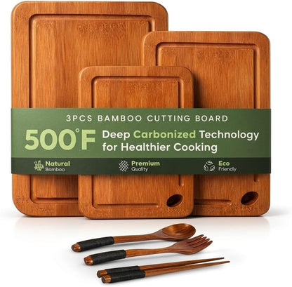 GREVA 3-Piece Premium Bamboo Cutting Board Set with Juice Grooves & Non-Slip Feet | XL, M, S Wood Chopping Boards for: Meat, Vegetables & Charcuterie | INCLUDES 3-in-1 Kitchen GREVA wooden cutlery Set