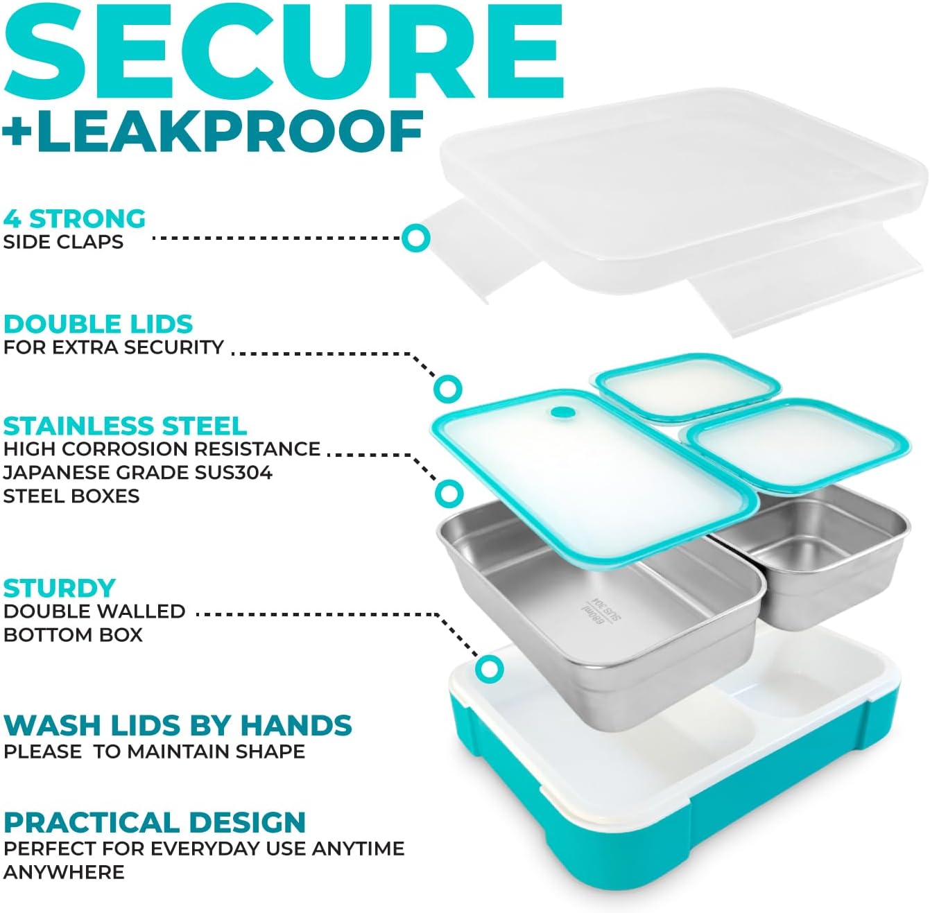 Stainless Steel Bento Lunch Box Set For Adults, Kids - Insulated Bag And Ice Pack - Leak-Proof Metal Compartment Meal Prep Food & Snack Containers For Work Travel School Daycare, 42 Oz Grey Black