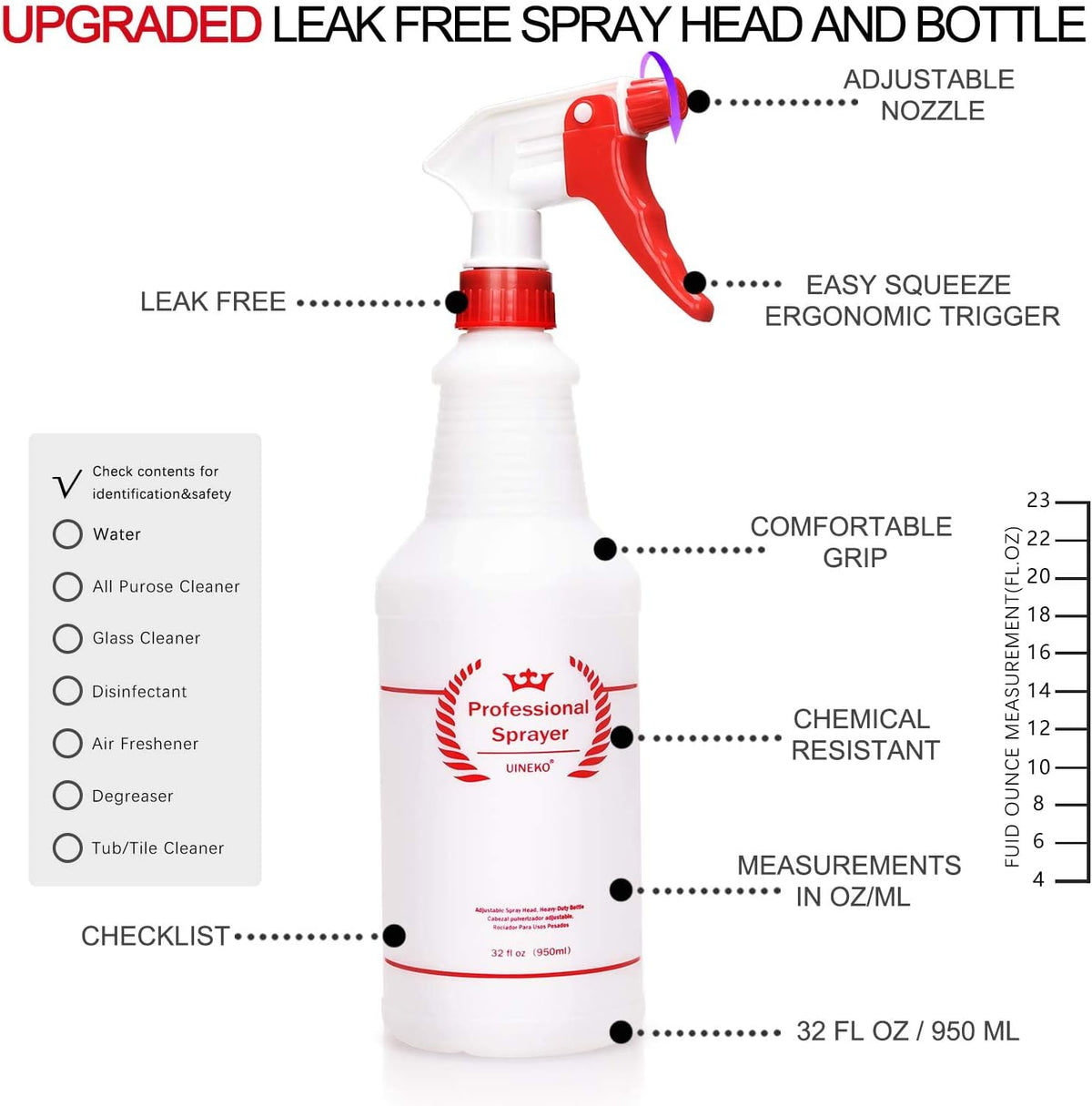 Uineko Empty Spray Bottles, Heavy Duty Sprayer, Mist & Stream, 4 Pack 24 Oz