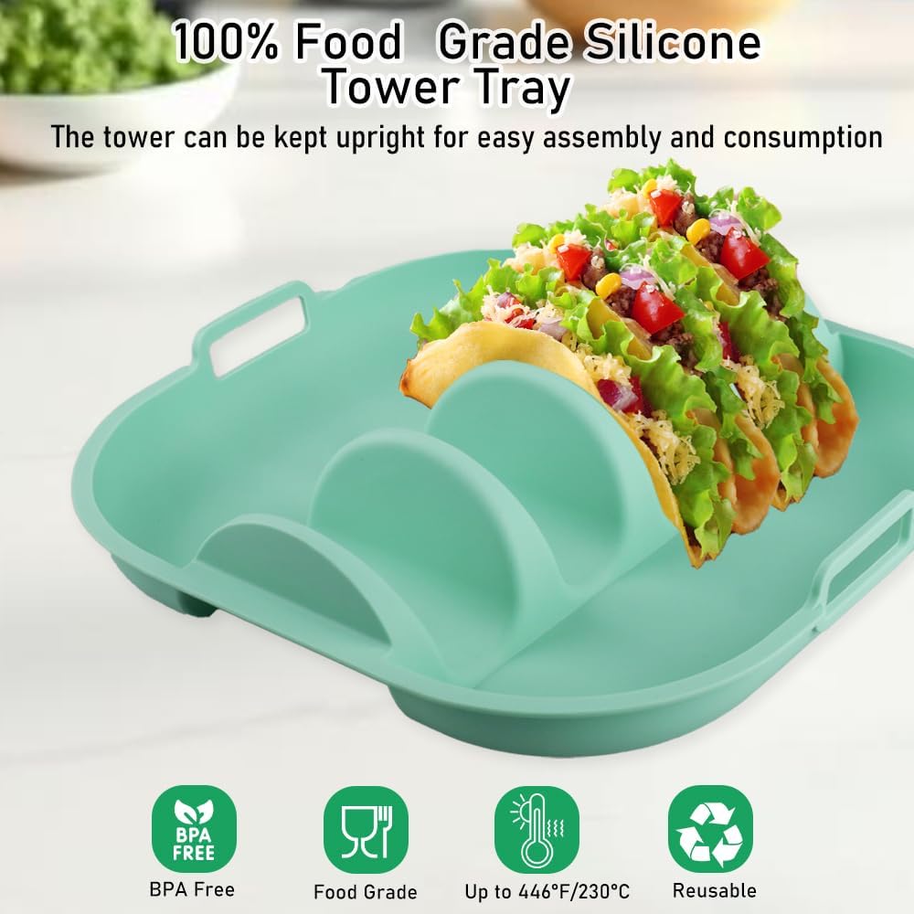 Silicone Taco Holder Set of 2, Non-Slip Taco Plates with Dividers, Reusable Fit for Kitchen, Party, Restaurants - Microwave and Dishwasher Safe, Blue and Green