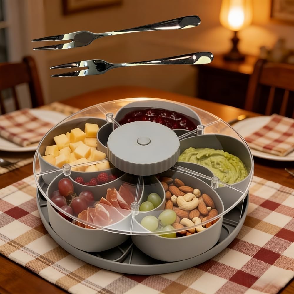 Divided Serving Tray that Spins, Snack Spinner with Lid & 5 Compartments, Divided Serving Tray that Spins Perfect for Snacks Candy Nuts Appetizers, Ideal for Kitchen Party Picnic (Gray)