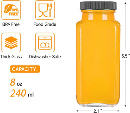 TUZAZO 10 Pack 12 Oz Glass Juice Bottles with Lids, Reusable Travel Drinking Jars Juice Containers, Glass Bottles for Juicing with Brush, Straws, Lids with Hole
