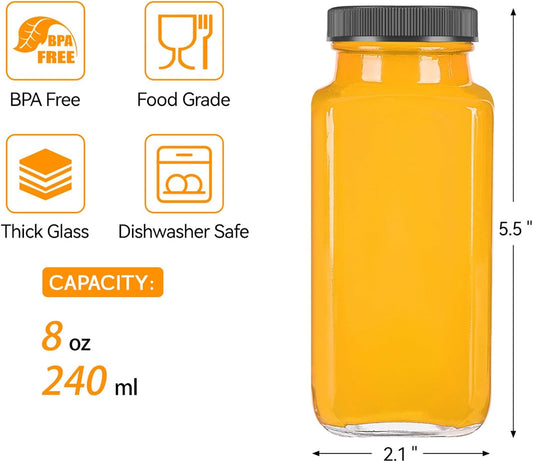 TUZAZO 10 Pack 12 Oz Glass Juice Bottles with Lids, Reusable Travel Drinking Jars Juice Containers, Glass Bottles for Juicing with Brush, Straws, Lids with Hole