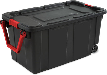Sterilite Heavy Duty 40 Gallon Wheeled Industrial Storage Tote, 4-Pack, Black