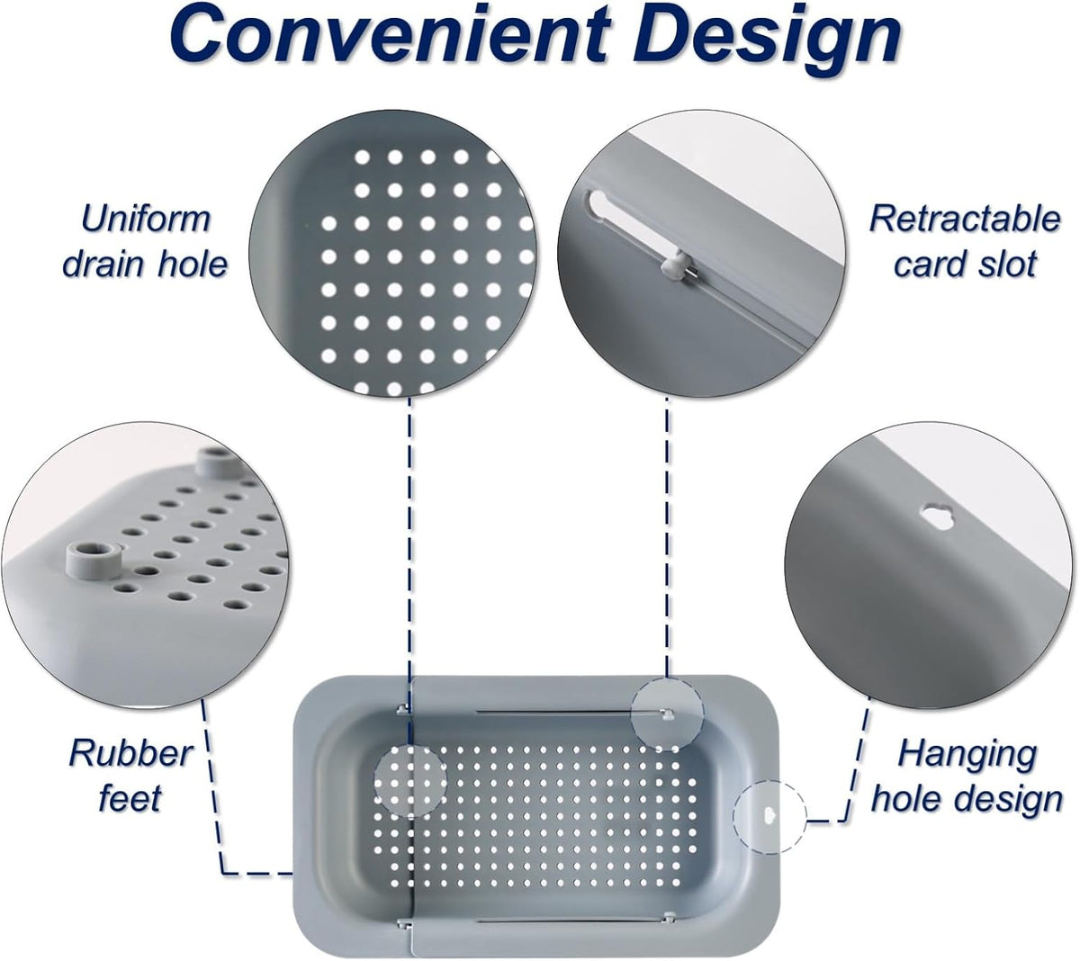 Extendable Sink Colander Strainer Basket - Wash Vegetables and Fruits, Drain Cooked Pasta and Dry Dishes - Adjustable Over the Sink Colander Collapsible Drainer Basket - White