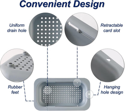 Extendable Sink Colander Strainer Basket - Wash Vegetables and Fruits, Drain Cooked Pasta and Dry Dishes - Adjustable Over the Sink Colander Collapsible Drainer Basket - White