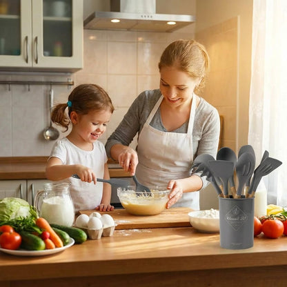 Silicone Cooking Utensils Set, Kitchen Utensils for Cooking with Holder, Wooden Handle Silicone Utensils Spatula Set, Heat Resistant, BPA Free, Non Toxic Kitchen Gadgets, Gray