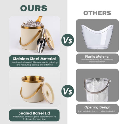 3L beige white Double Wall Insulated Stainless Steel Ice Bucket with scoop for Cocktail Bar,Metal Ice Bucket for freezer with Lid for parties.ice Container to Keep Ice Colder,bar cart accessories