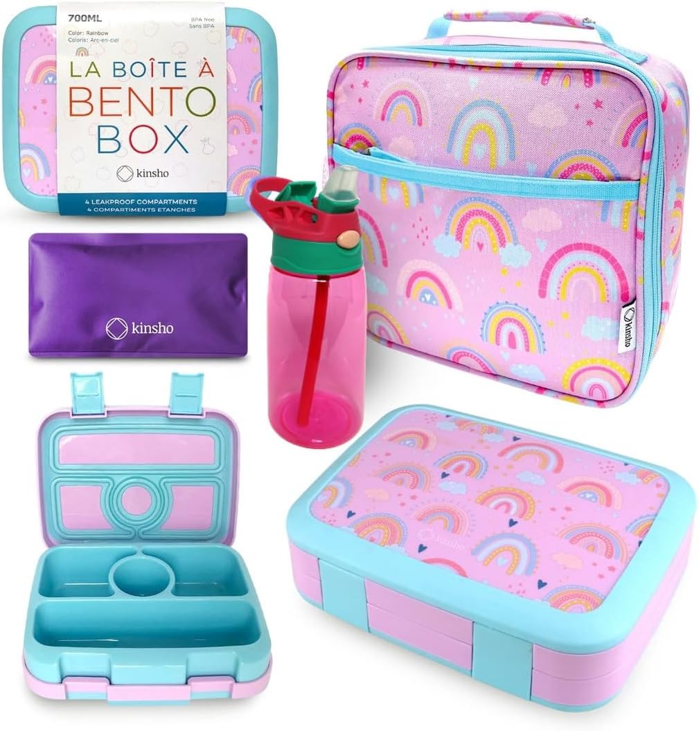 Bento Lunch Box with Bag, Water Bottle & Ice Pack Set for Kids Toddlers, 4 Portion Sections, Removable Tray, Pre-School Boy Toddler Daycare Lunches, Insulated Snack Container, Blue Space Dinosaur