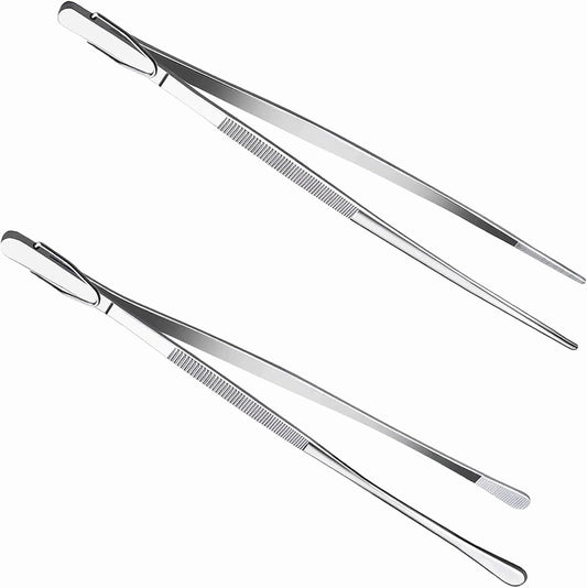 2-Pack 12-Inch BBQ Kitchen Tweezers Tongs, Extra-Long Stainless Steel Cooking Tweezers Dishwasher Safe for Grilling, Baking & Food Prep (12Inch BBQ Tongs)