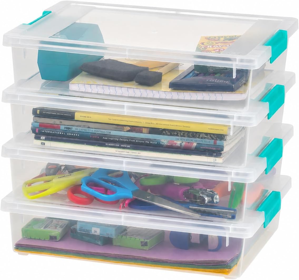 IRIS USA 12 Qt. Craft Storage Bins with Lids, 4-Pack, |Made in USA|, Clip Box, Medium Plastic Sensory Bin Tote Organizer Containers for Art Supplies, Paper, & Office, Stackable - Clear/Seafoam Blue