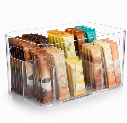 Drink Packet Organizer, Powder Packet with handle,Powdered Drink Mix,Acrylic Water Flavor Packet Organization Container with Removable Dividers for Storage Bins for Kitchen, Pantry, Office