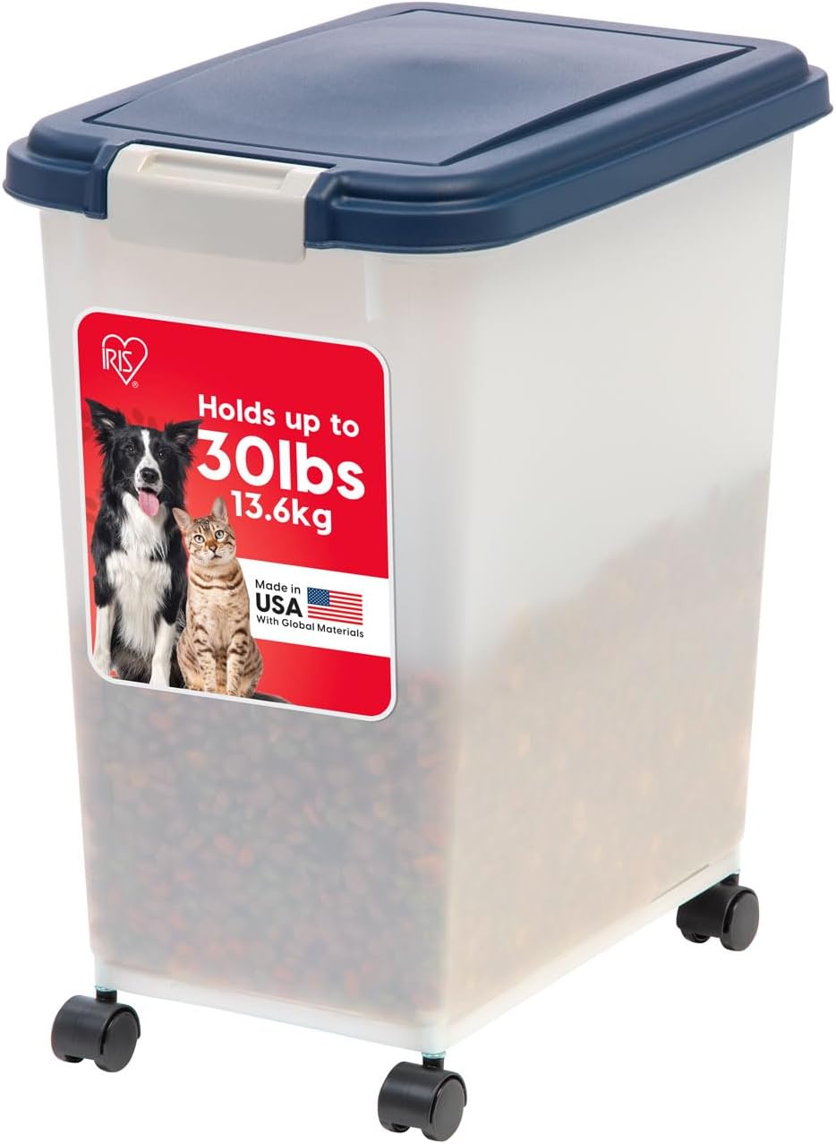 IRIS USA Dog Food Storage Container with Wheels, Airtight Lid, 2-Cup Scoop, Up to 30 Pounds Pet Food Storage, Built in Scoop Storage in Lid, Versatile Pet Food Bin, Portable, BPA Free, Gray/Dark Gray