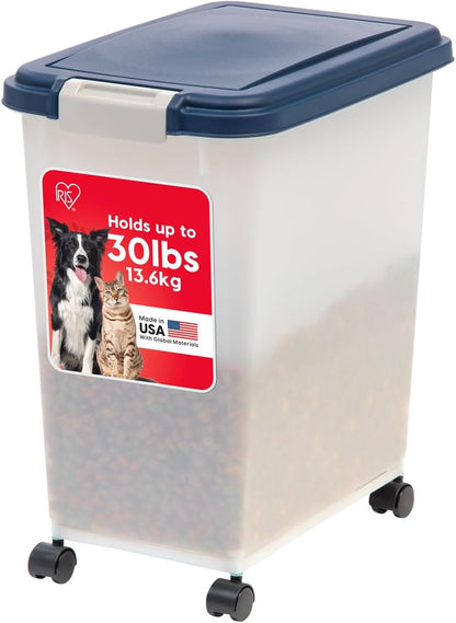 IRIS USA Dog Food Storage Container with Wheels, Airtight Lid, 2-Cup Scoop, Up to 30 Pounds Pet Food Storage, Built in Scoop Storage in Lid, Versatile Pet Food Bin, Portable, BPA Free, Gray/Dark Gray